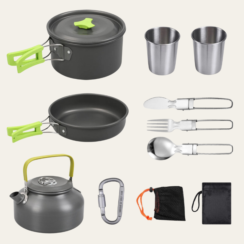CookMate Compact – 13-teiliges Camping-Kochset für 2–3 Personen (faltbar & hitzebeständig)