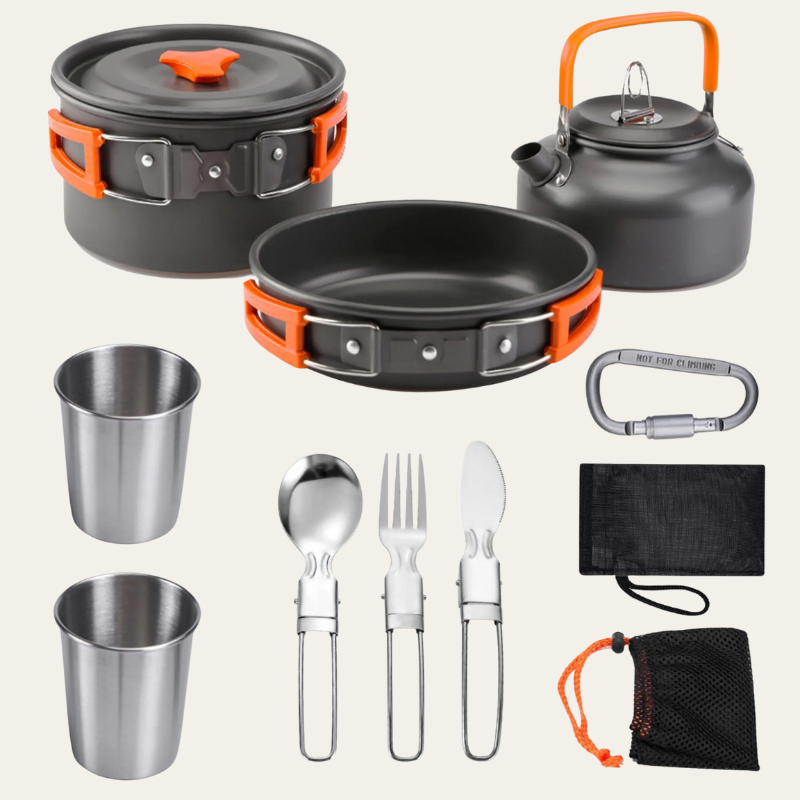 CookMate Compact – 13-teiliges Camping-Kochset für 2–3 Personen (faltbar & hitzebeständig)