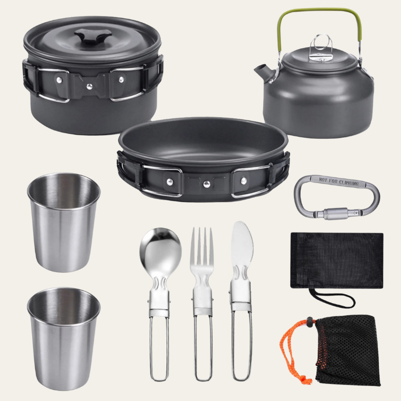 CookMate Compact – 13-teiliges Camping-Kochset für 2–3 Personen (faltbar & hitzebeständig)