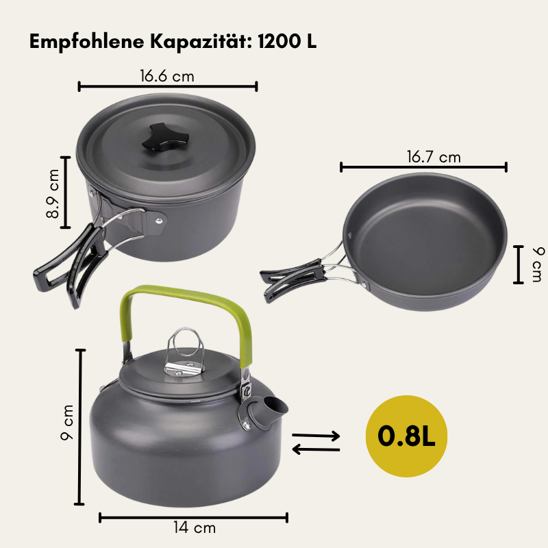 CookMate Compact – 13-teiliges Camping-Kochset für 2–3 Personen (faltbar & hitzebeständig)