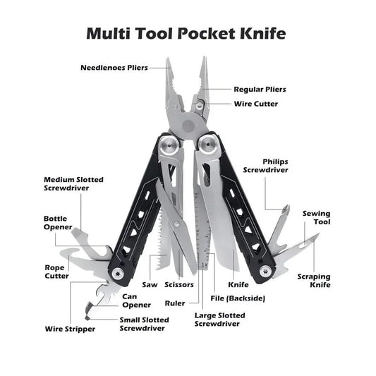 28 in 1 Camping Multitool Multi Foldable Stainless Steel Plier Wire Stripper Outdoor Mini Portable Hand Tools Knife, Scissors
