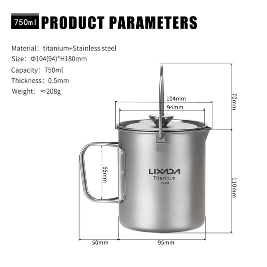750 ml Titan Kaffeebecher mit Deckel - French Press Pot für Outdoor-Camping und Kochen